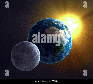 Astronomie-Abbildung - Mond, Erde und Sonne Stockfoto