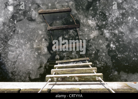 Strickleiter auf einem Steg in die gefrorene Schlei Stockfoto