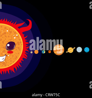 Sonne-Comic mit Sonnensystem Planeten sortiert in Zeile Stockfoto