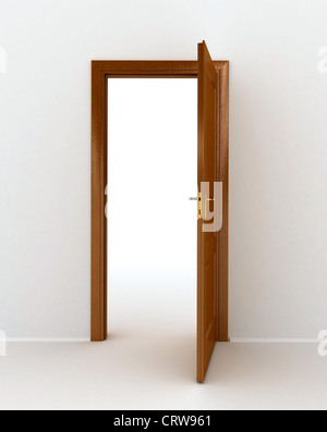 hölzerne Tür auf weißem Hintergrund Stockfoto