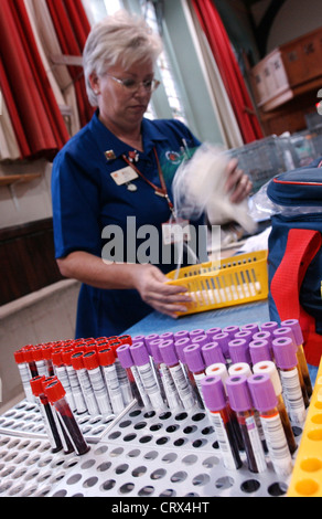 Eine Krankenschwester in einem Blut Spende Zentrum arbeiten. Stockfoto