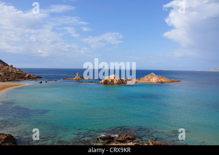 Küsten-Ansicht, Cala Pregonda, Es Mercadal, Menorca, Balearen, Spanien Stockfoto