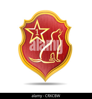 Goldenen Hund vor dem Hintergrund der dem roten Schild Stockfoto