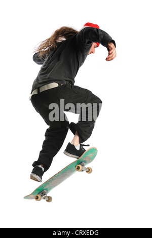 Skateboarder springen über weißen Hintergrund isoliert Stockfoto