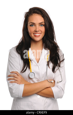 Porträt der schönen jungen Arzt oder eine Krankenschwester lächelnd isoliert auf weißem Hintergrund Stockfoto