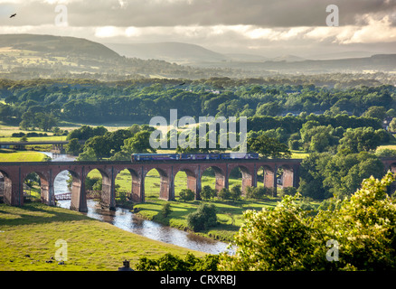 Whalley Viadukt ist eine 48-Span Eisenbahnbrücke überqueren des Flusses Calder und einer börsennotierten Struktur mit einem lokalen Diesel-Zug. Stockfoto