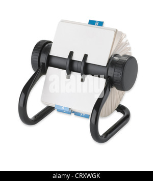 ein Rolodex rotierende Karte Adresse und Telefonnummer Anlaufstelle Veranstalter isoliert auf weiss mit einem Beschneidungspfad Stockfoto