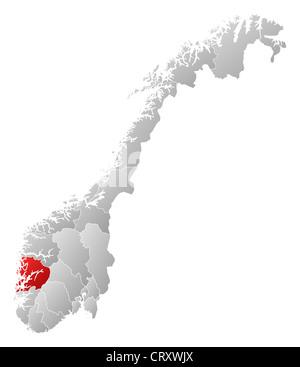 Politische Karte von Norwegen mit den Countys, wo Hordaland markiert ist. Stockfoto