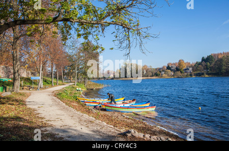 Bunten Ruderboote auf vertäut am See, See Gale, Trakai, Litauen, Ost-Europa Stockfoto