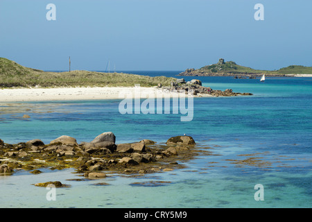 Tresco Isles of Scilly, sandigen Strand seichte Meerwasser, Cornwall UK. Stockfoto