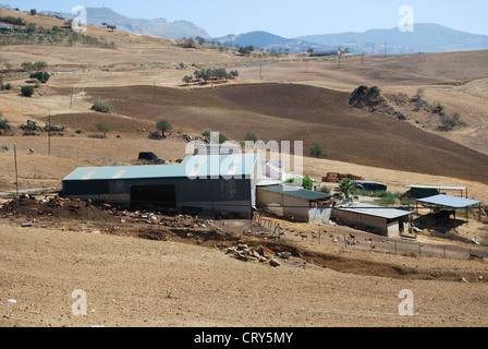 Bauernhof (Cortijo) mit Ziegen in der bergigen Landschaft, in der Nähe von almogia, Costa del Sol, Andalusien, Spanien, Europa. Stockfoto