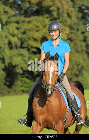 Junge Reiter auf arabischen Reiten auf einer Wiese im Spätsommer Model-Release verfügbar Stockfoto