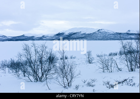 Zugefrorenen Kilpisjarvi See mit Schweden im Hintergrund in der arktischen Wildnis bei Einbruch der Dunkelheit von Kilpisjarvi, Finnland Stockfoto