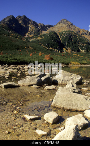 Blick auf die Jahnaci Stit von Tarn 'Velke Biele Pleso"in der hohen Tatra, Slowakei. Stockfoto