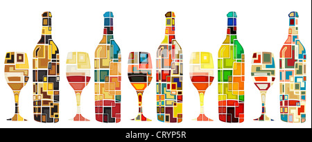 Abstrakte Mosaiken von Wein in Flaschen und Gläser Stockfoto