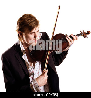 Der junge Geiger spielt Geige isoliert auf weißem Hintergrund Stockfoto