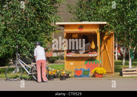 Hölzerne Kiosk Stall stehen bietet Erdbeeren Tomaten Gurken Blumen Stockfoto