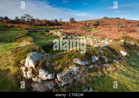 Hound Tor verlassene mittelalterliche Dorf an einem hellen Winter Morgen, Dartmoor Nationalpark. Stockfoto