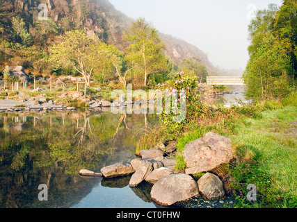 Afon Glaslyn Llyn Dinas Nantgwynant Flusstal, Snowdonia-Nationalpark Gwynedd North Wales UK, Spätfrühling. Stockfoto