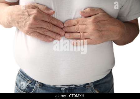 ein Mann fühlt sich Druck in der Mitte der Brust Stockfoto