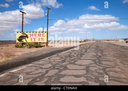 Billboard markieren die Position der Jackrabbit Handelsposten auf der Route 66 in Joseph City, Arizona Stockfoto