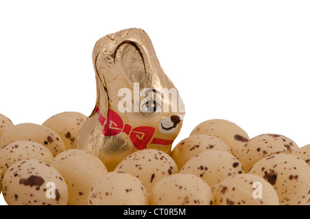 Schokolade Ostern Süßigkeiten Delikatesse mit Bunny Bild umgeben mit kleinen Plastikeier isoliert auf einem weißen staatlich in Folie verpackt. Stockfoto