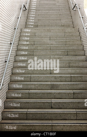 u-Bahn Treppe zeigt Kalorien verlieren bei jedem Schritt, Japan Stockfoto