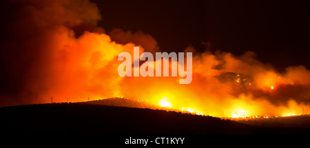 Bergwald-Feuer in der Nacht zerstört Tausende von Hektar in der Nähe von Brunnen Grün in Utah, wodurch intensive tobenden Flammen und Rauch. Stockfoto