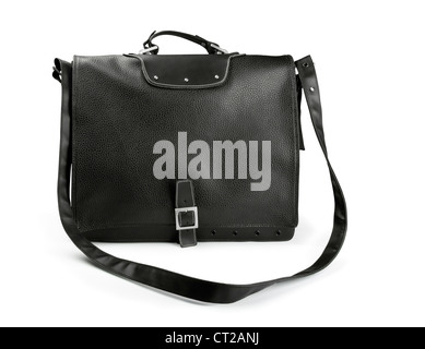 Schwarzes Leder-Laptop-Tasche isoliert auf weiss Stockfoto