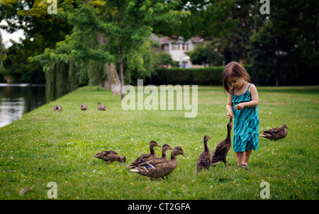 Schöne kleine Mädchen, Kind, in einem grünen Kleid füttern Enten an einem Teich in Kanadas Hauptstadt Ottawa, Ontario. Stockfoto