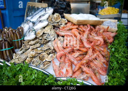 frische Austern und Garnelen an den Fischhändler auf der la Boqueria Markt Barcelona Spanien Stockfoto