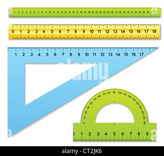 Die drei Herrscher und einen Winkelmesser Stockfoto
