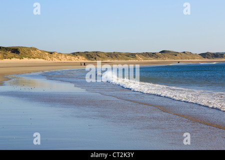 Blick auf Sanddünen entlang nassen Sandstrand in Dunnet Bucht mit rückläufigen Abend Ebbe bei Dunnet Caithness Schottland UK Großbritannien Stockfoto