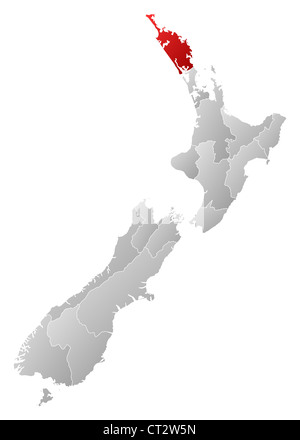 Politische Karte von Neuseeland mit mehreren Regionen wo Northland markiert ist. Stockfoto