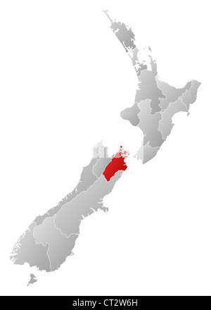 Politische Karte von Neuseeland mit mehreren Regionen wo Tasman markiert ist. Stockfoto