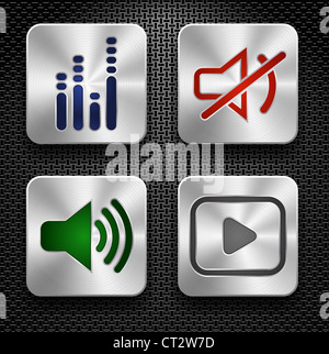 Set von Stahl audio Web Icons über metallische strukturierten Hintergrund. Stockfoto