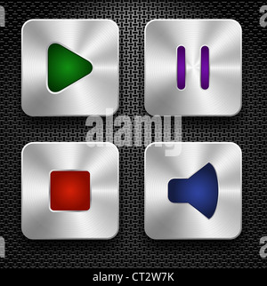 Set von Stahl audio Web Icons über metallische strukturierten Hintergrund. Stockfoto