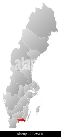 Politische Karte von Schweden mit den verschiedenen Provinzen Blekinge Grafschaft wo markiert ist. Stockfoto