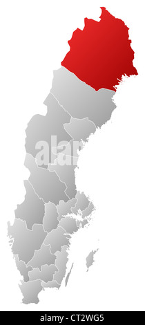 Politische Karte von Schweden mit den verschiedenen Provinzen, wo Norrbotten Grafschaft markiert ist. Stockfoto