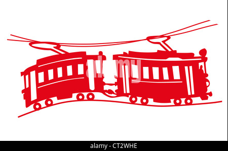rote Straßenbahn auf weißem Hintergrund Stockfoto