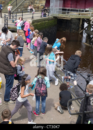 Eine Menge von Urlaubern im Sommer Sonnenschein Fischen an der Brücke im Hafen von Whitby Stockfoto