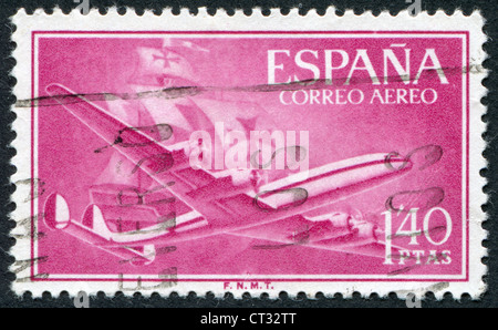 Spanien-ca. 1955: eine Briefmarke gedruckt in Spanien, die Postal Service zeigt das Flugzeug Lockheed 1049, ca. 1955 Stockfoto