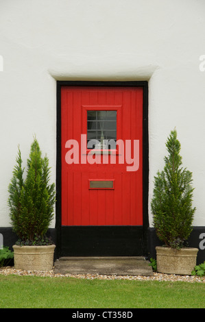 Die rote Tür, flankiert von zwei Topfpflanzen Zypressen Bäume gehören zu den weiß getünchten strohgedeckten Hütten von Milton Abbas. Dorset, England, Vereinigtes Königreich. Stockfoto