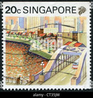 Singapur - CIRCA 1987: Briefmarken gedruckt in Singapur, dargestellt im Stadtbild von Singapur, ca. 1987 Stockfoto