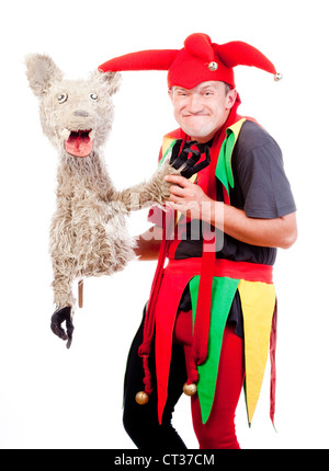 Jester - unterhaltsam Figur in der typischen Tracht mit Puppe Stockfoto