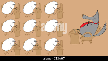 Eine Herde von Schafen in Wolfs Arbeit. Abbildung. Stockfoto