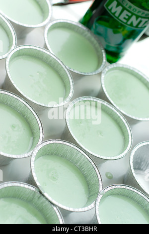 Minze Pannacotta auf weißen Teller mit Erdbeere und Orange dekoriert. Stockfoto