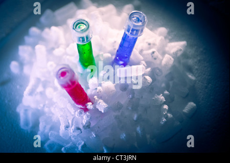 Reagenzgläser Flüssigkeit in Haufen von Eis Stockfoto