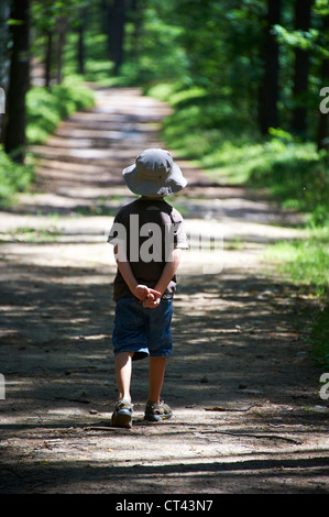 Kleiner Junge Gehweg entlang, im Wald-Sommer Stockfoto