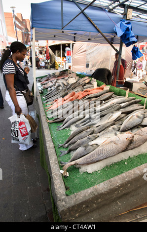 Frau betrachten Fische in einem Stall in Lewisham Markt - London, England Stockfoto